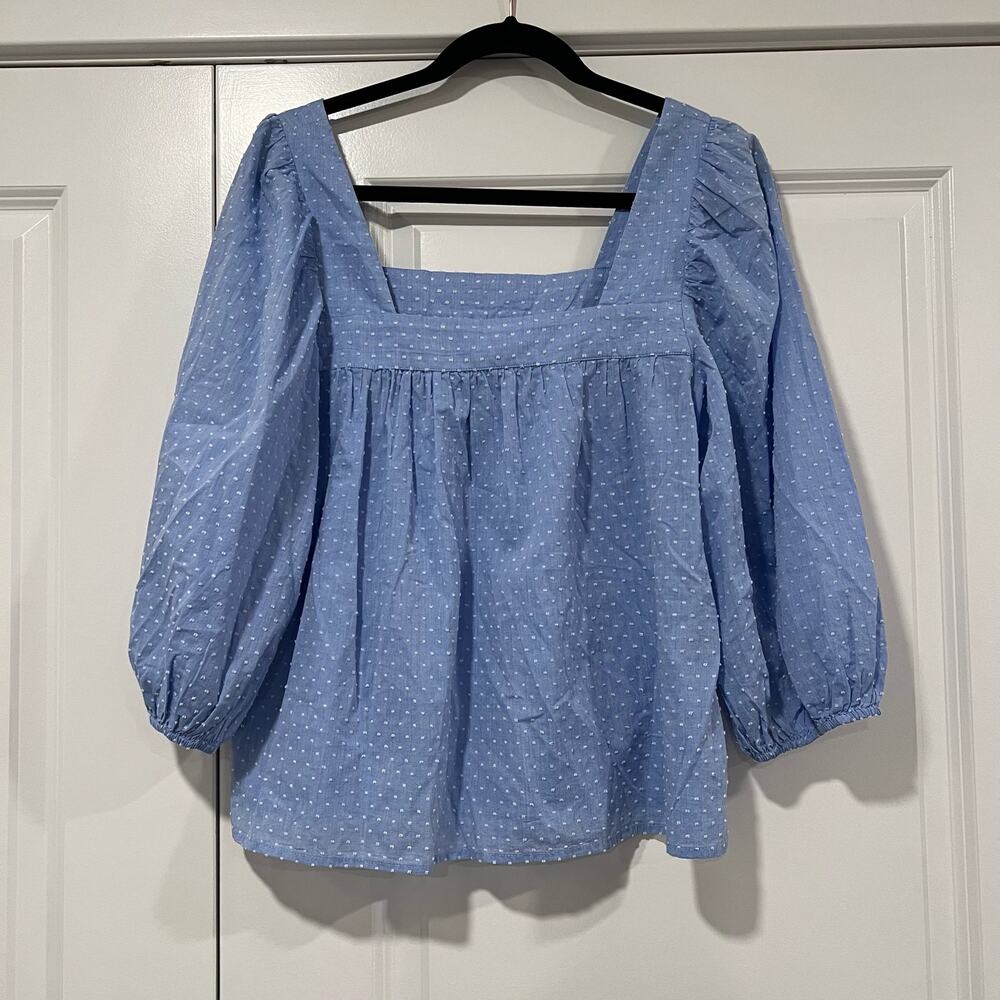 NWOT Caslon‎ Women's Blue Long Sleeve Square Neck Top White Polka Dot Size S